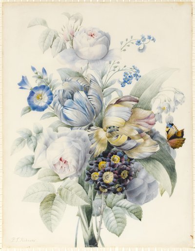 Ein Blumenstrauß mit Rosen, Papageientulpen, Vergissmeinnicht, Schneeglöckchen, Aurikel und Ipomoea mit einem imaginären Schmetterling von Pierre Joseph Redouté